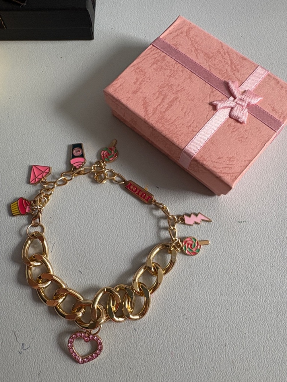 Juicy Couture Gold Chain Charm Bracelet with Pink Accents